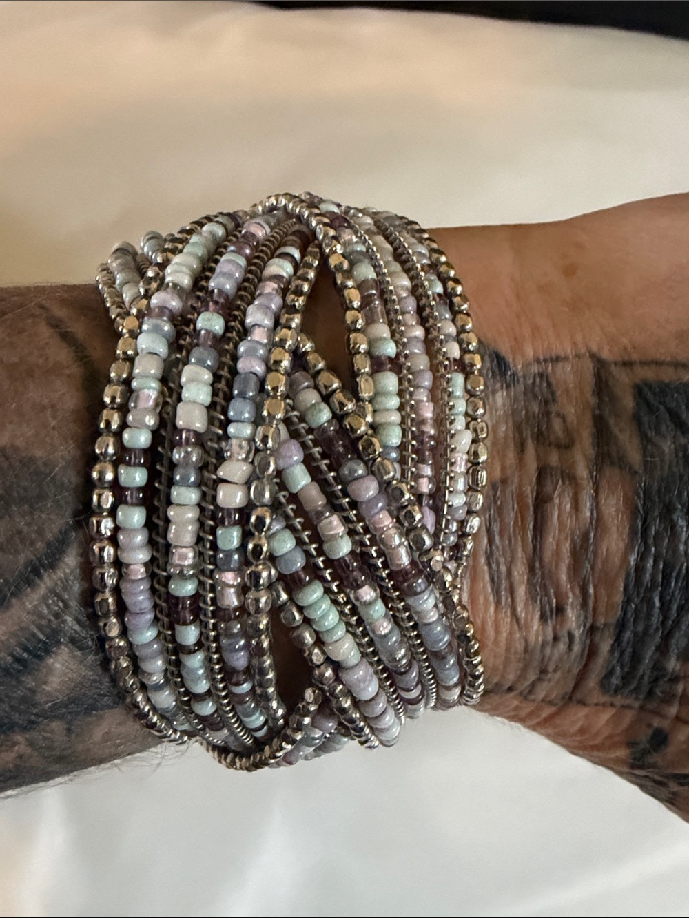 Hand Crafted Beaded Multi-Strand Crossover Cuff Bracelet Baby Blue, Wht, Silver